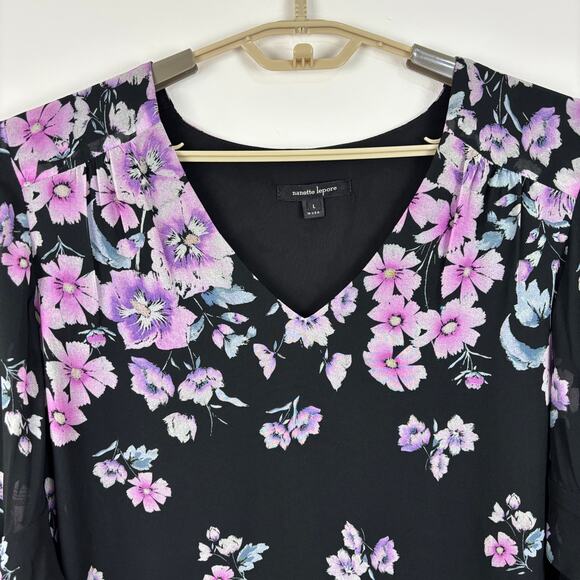 Nanette Lepore Zen Floral Silk Blouse Black Pink Sheer Large Fairy Feminine - Picture 7 of 15